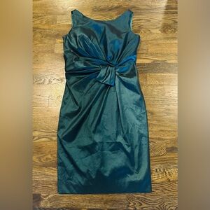 Social Occasions by Mon Cheri Teal Knot Front Sheath Cocktail Dress Taffeta 8
